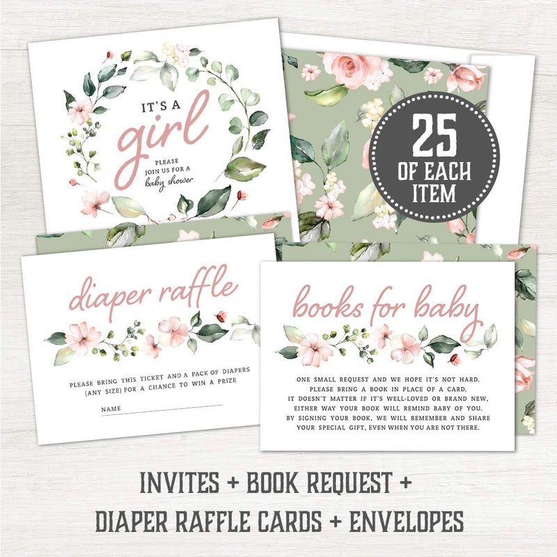 Hat Acrobat Set of 25 Baby Shower Invites for Girl - Floral Girl Baby Shower Invitations, Diaper Raffle Tickets, Book Request Cards and Envelopes - Blush Pink Boho Baby Shower Invitations for Girl - Image 4
